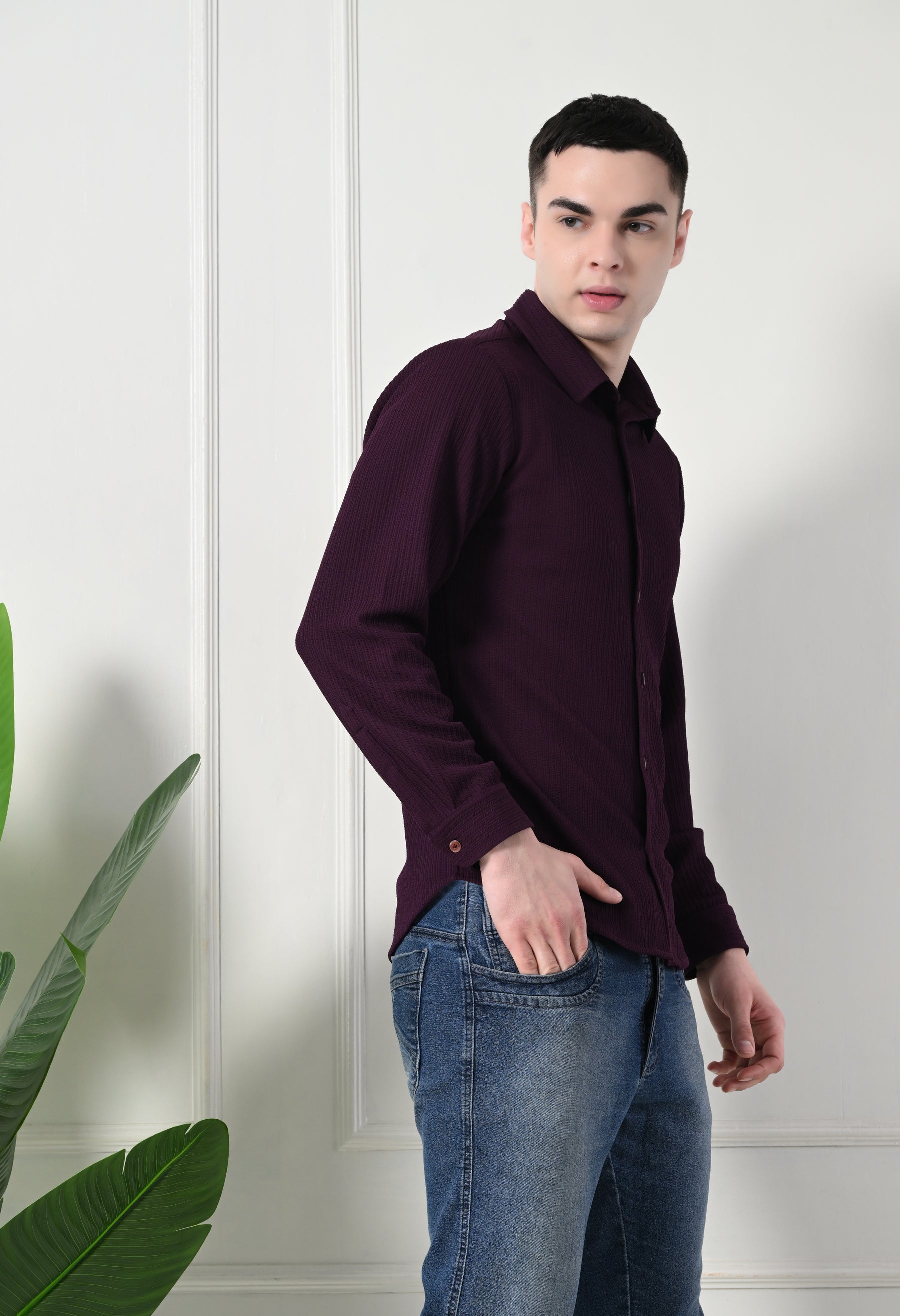 Classic Self Design Spread Collar Casual Shirt