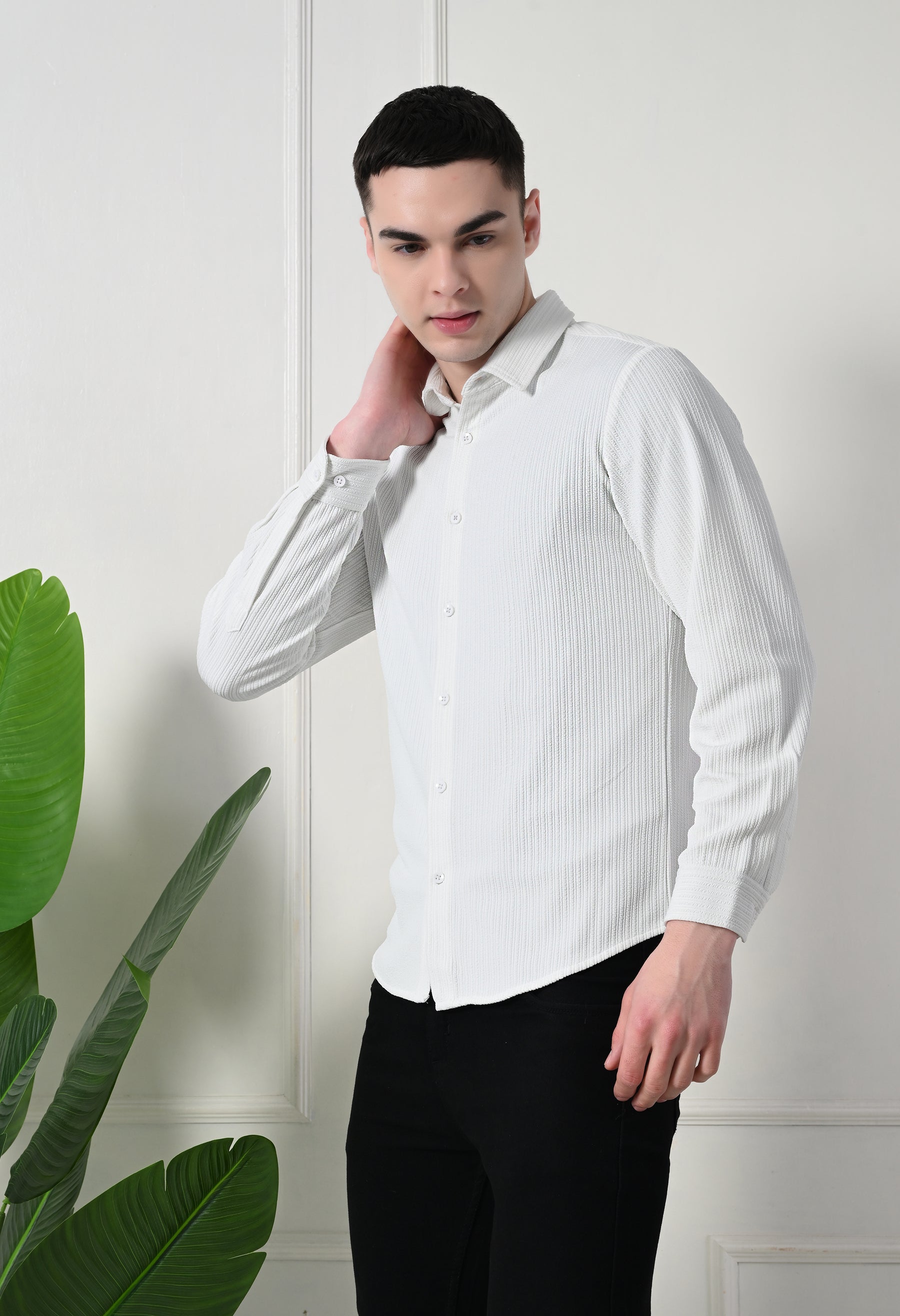 Classic Self Design Spread Collar Casual Shirt