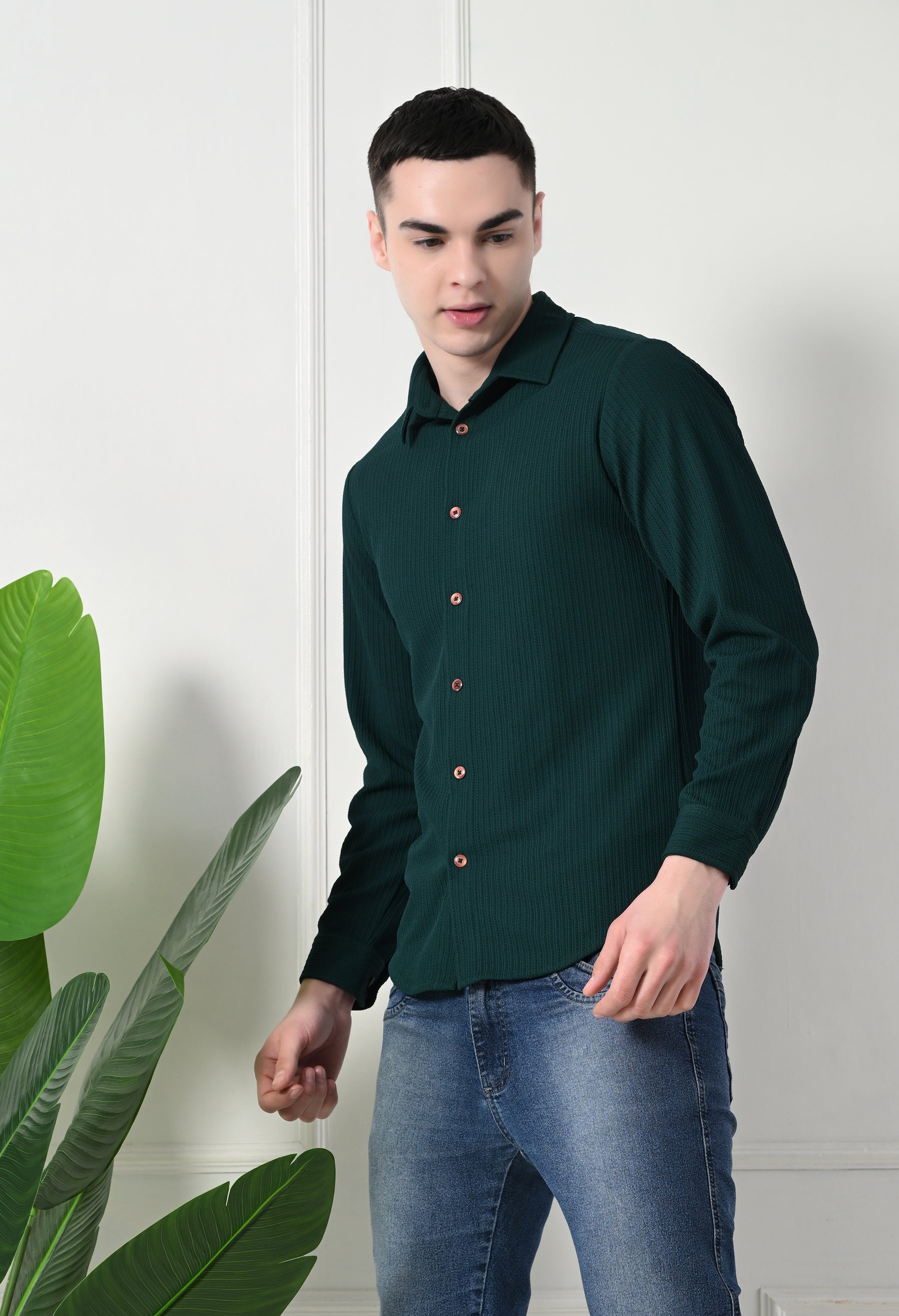 Classic Self Design Spread Collar Casual Shirt