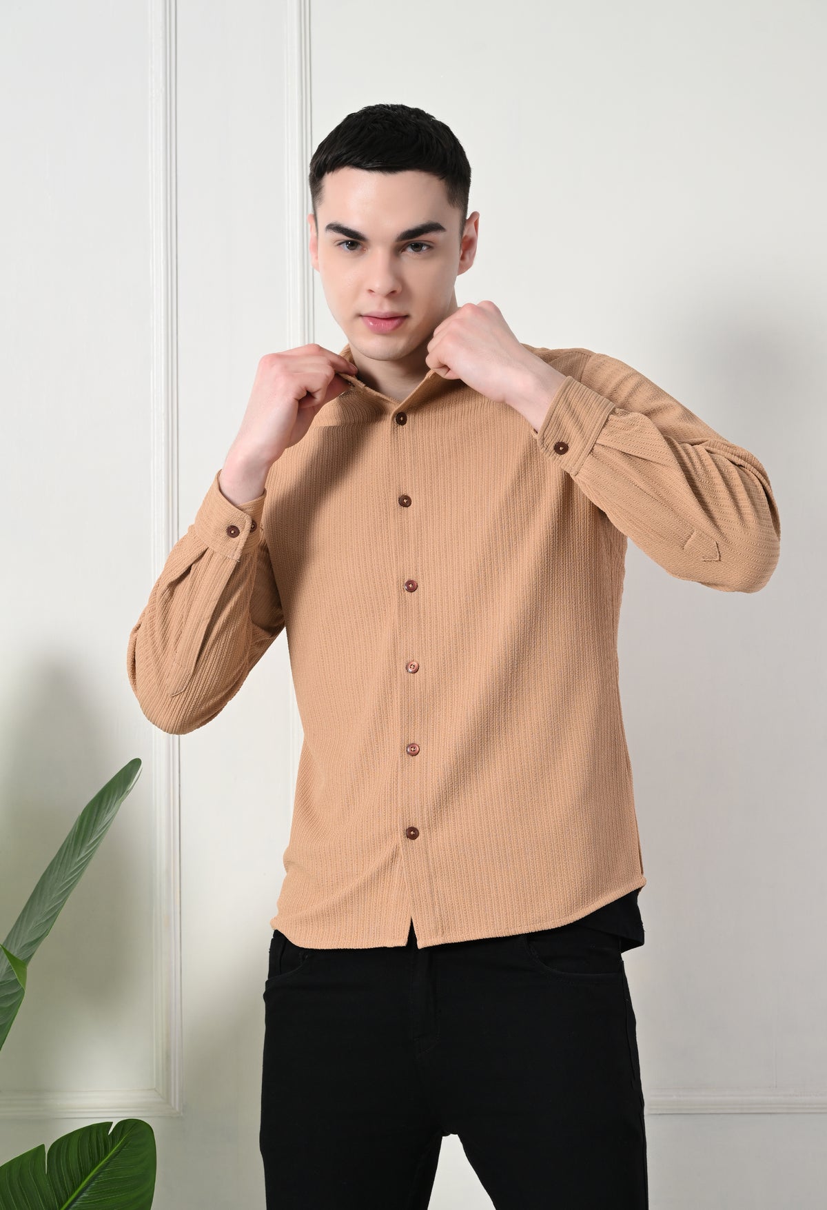 Classic Self Design Spread Collar Casual Shirt