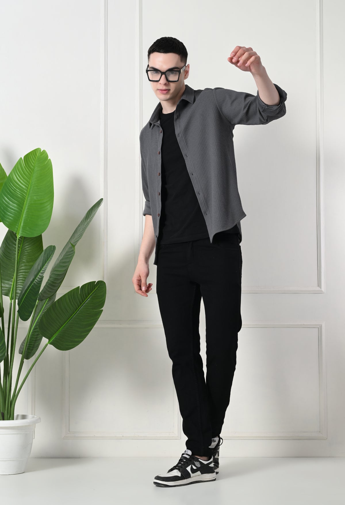 Classic Self Design Spread Collar Casual Shirt