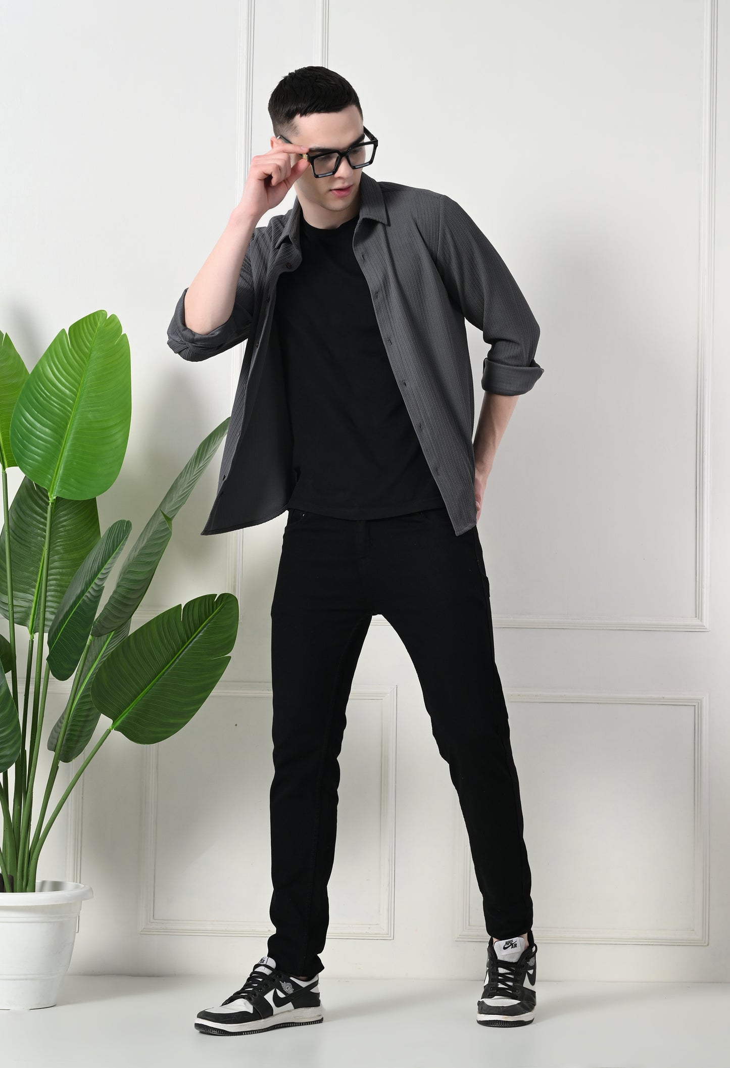 Classic Self Design Spread Collar Casual Shirt