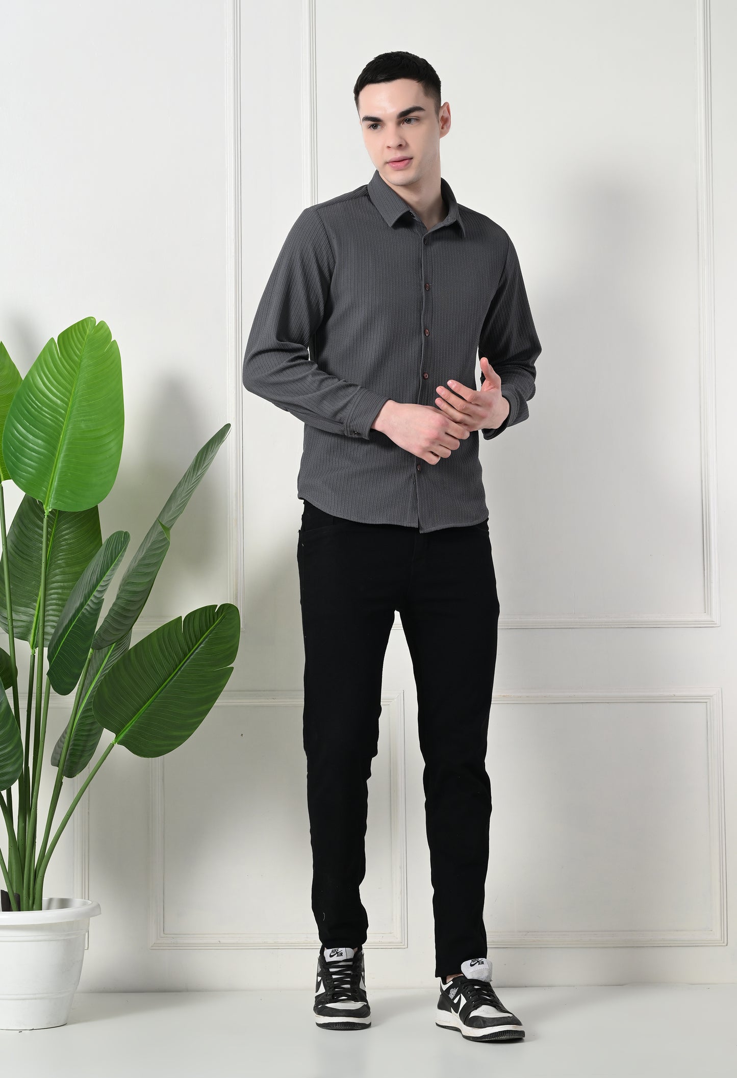 Classic Self Design Spread Collar Casual Shirt