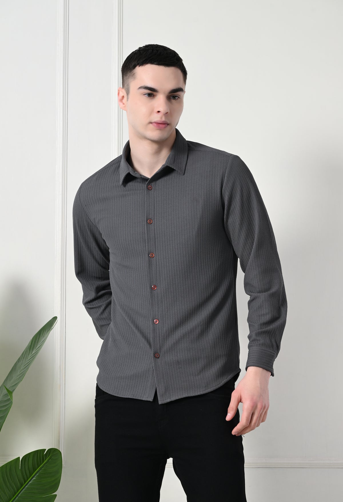 Classic Self Design Spread Collar Casual Shirt