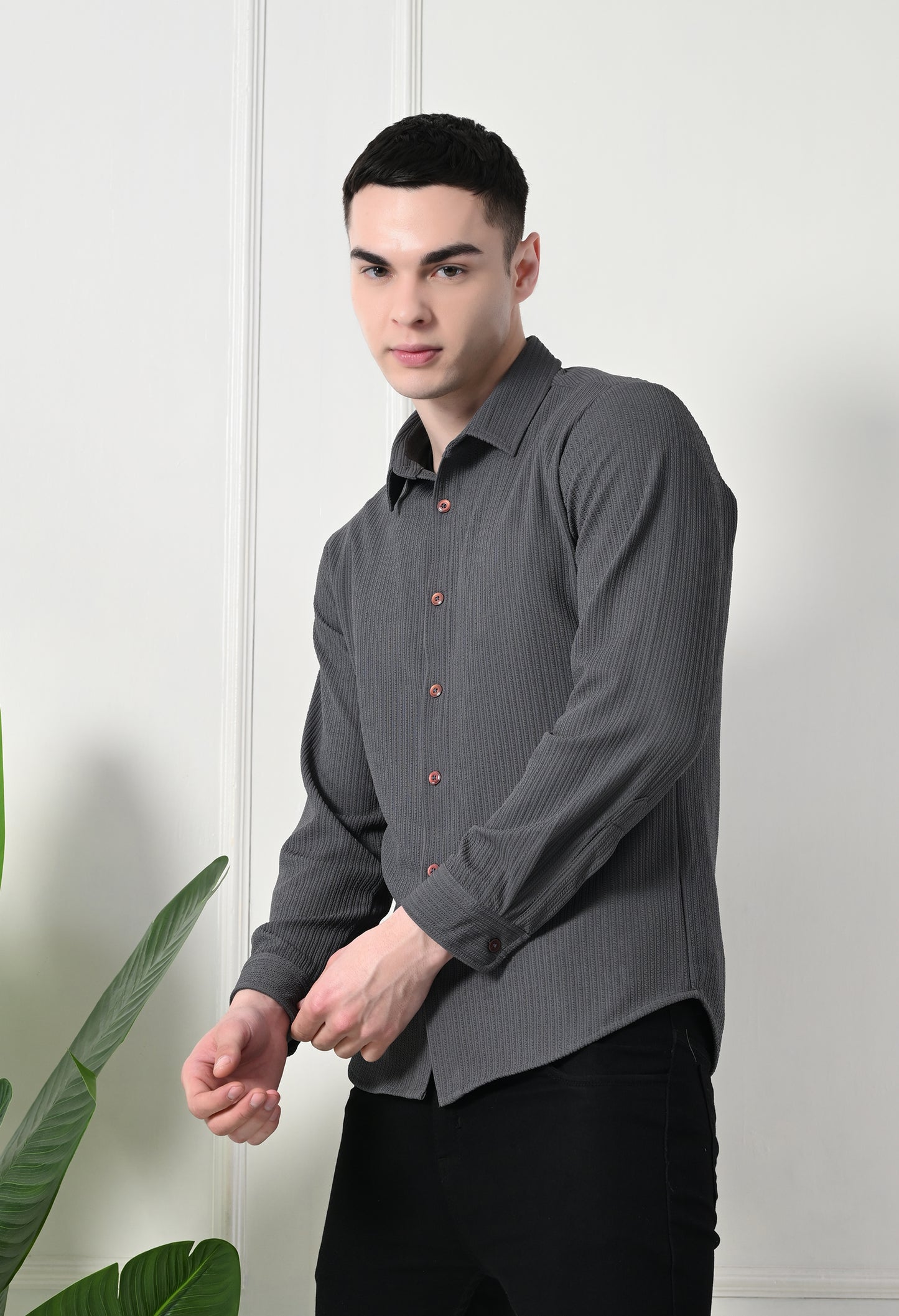 Classic Self Design Spread Collar Casual Shirt