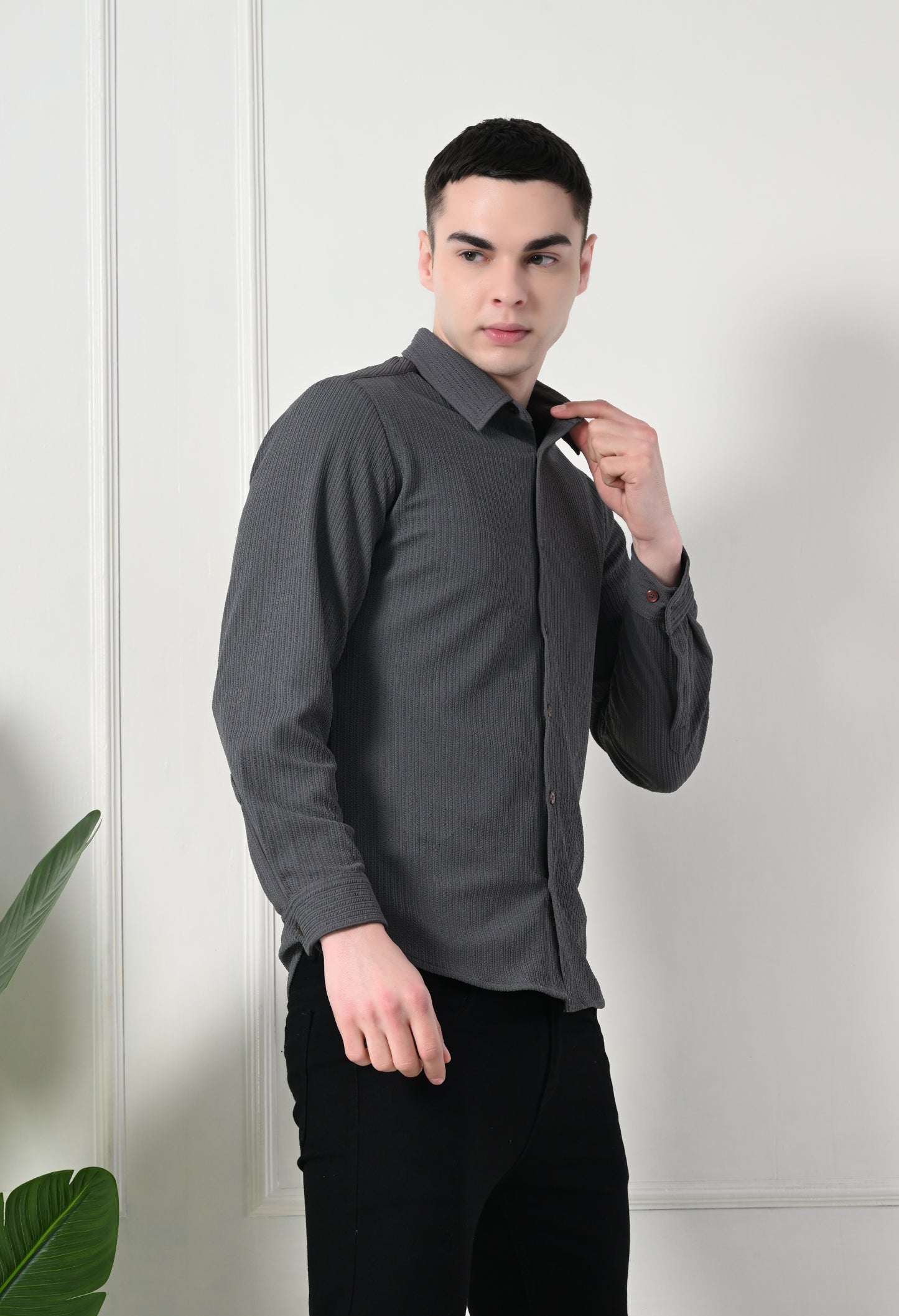 Classic Self Design Spread Collar Casual Shirt