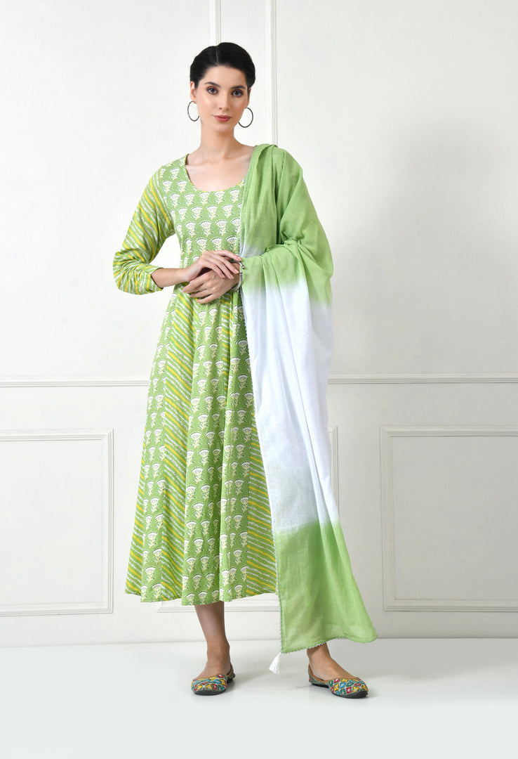 The Women's Embroidered Full Sleeve Round Neck Kurta and Pant with Dupatta Anarkali Set