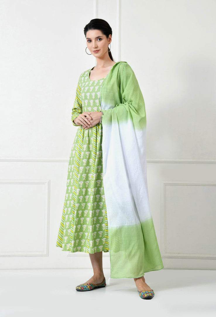 The Women's Embroidered Full Sleeve Round Neck Kurta and Pant with Dupatta Anarkali Set