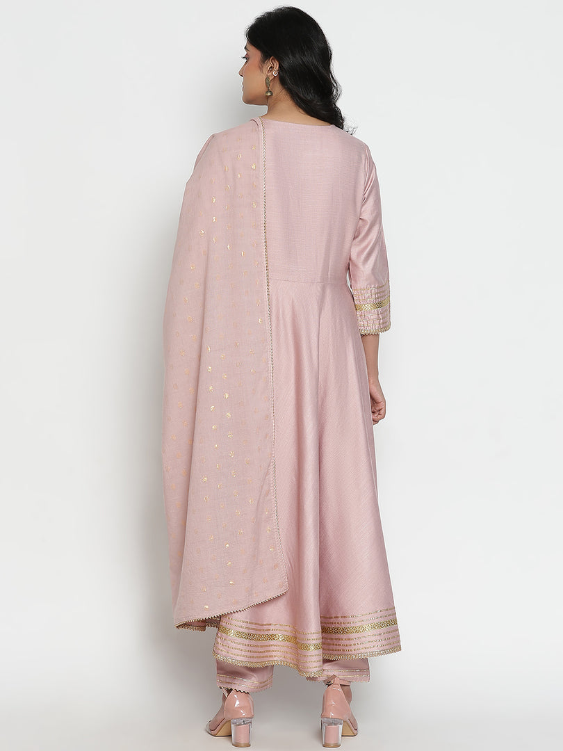 The Women's Embroidered Full Sleeve Round Neck Kurta and Pant with Dupatta Anarkali Set