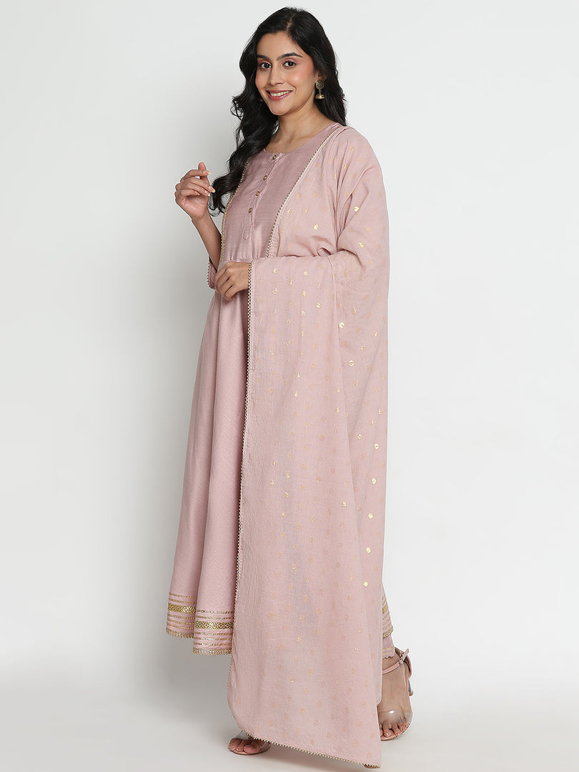 The Women's Embroidered Full Sleeve Round Neck Kurta and Pant with Dupatta Anarkali Set