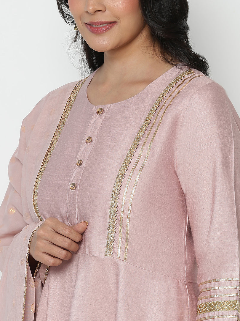 The Women's Embroidered Full Sleeve Round Neck Kurta and Pant with Dupatta Anarkali Set