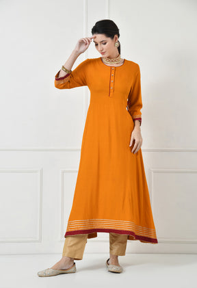 The Women's Embroidered Full Sleeve Round Neck Kurta and Pant with Dupatta Anarkali Set